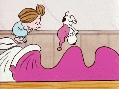 A Cartoon Of Snoopy , Charlie Brown , And A Girl Standing On A Bed With A Pink Blanket . GIF