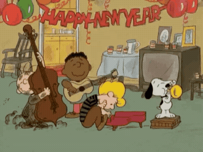 A Cartoon Of Snoopy , Charlie Brown , And Woodstock Playing Musical Instruments In A Living Room . GIF