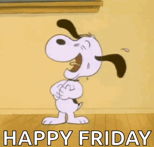 A Cartoon Of Snoopy Crying With The Words Happy Friday Below Him GIF