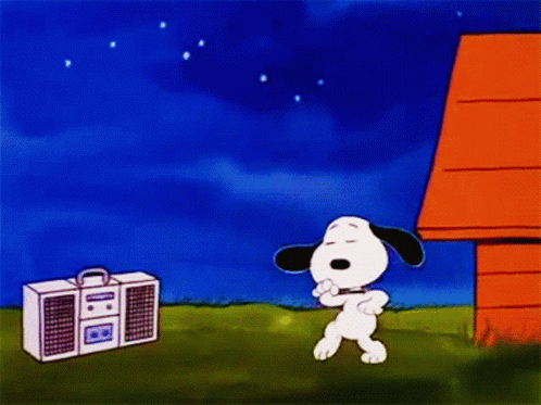 A Cartoon Of Snoopy Dancing In Front Of A Boom Box GIF