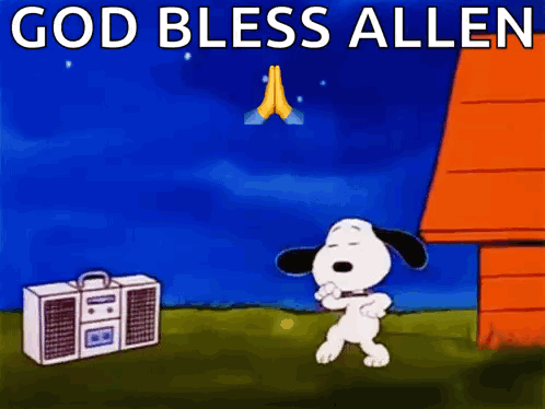 A Cartoon Of Snoopy Dancing In Front Of A Boombox With The Words God Bless Allen On The Bottom GIF