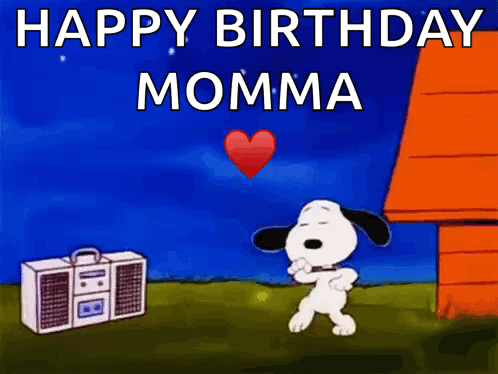 A Cartoon Of Snoopy Dancing In Front Of A Boombox With The Words Happy Birthday Momma GIF