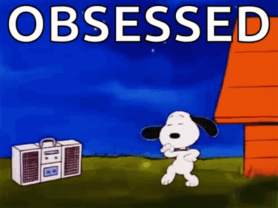 A Cartoon Of Snoopy Dancing In Front Of A Boombox With The Words `` Obsessed '' Written On It . GIF