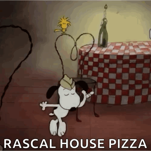 A Cartoon Of Snoopy Dancing In Front Of A Checkered Table Cloth With The Words Rascal House Pizza GIF