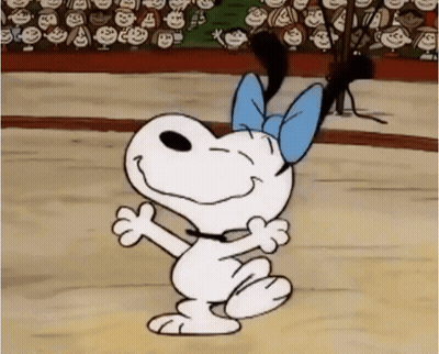 A Cartoon Of Snoopy Dancing In Front Of A Crowd Of People GIF