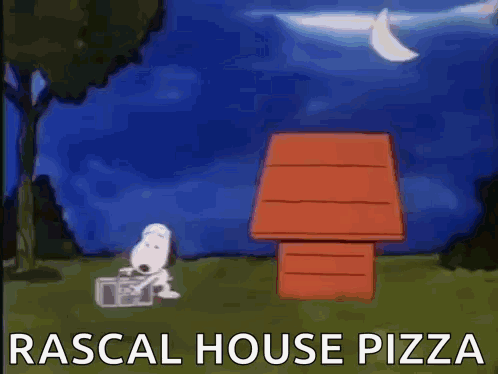 A Cartoon Of Snoopy Dancing In Front Of A Radio That Says Rascal House Pizza . GIF