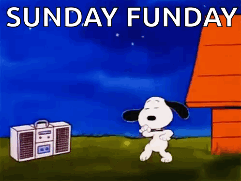 A Cartoon Of Snoopy Dancing In Front Of A Radio With The Words `` Sunday Funday '' Written Above Him . GIF