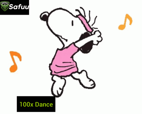 A Cartoon Of Snoopy Dancing With The Words 100X Dance Behind Him GIF