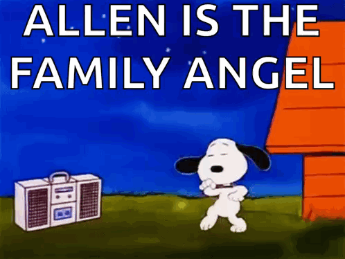 A Cartoon Of Snoopy Dancing With The Words Allen Is The Family Angel GIF