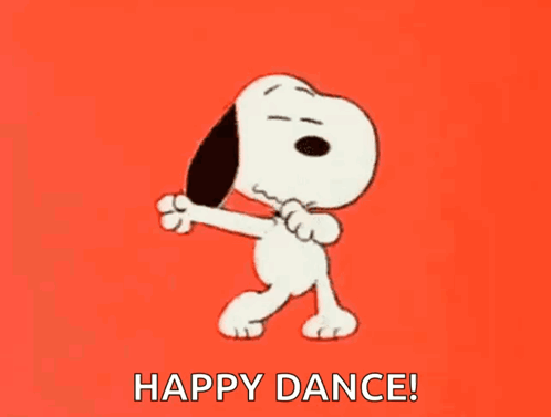 A Cartoon Of Snoopy Dancing With The Words Happy Dance Behind Him . GIF