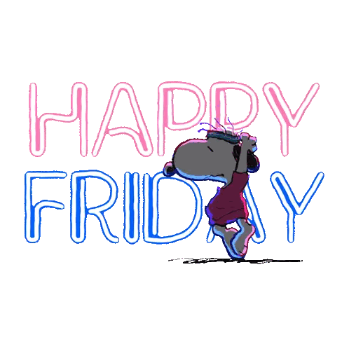 A Cartoon Of Snoopy Dancing With The Words Happy Friday Behind Him Sticker