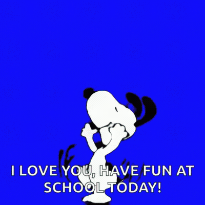 A Cartoon Of Snoopy Dancing With The Words I Love You Have Fun At School Today GIF