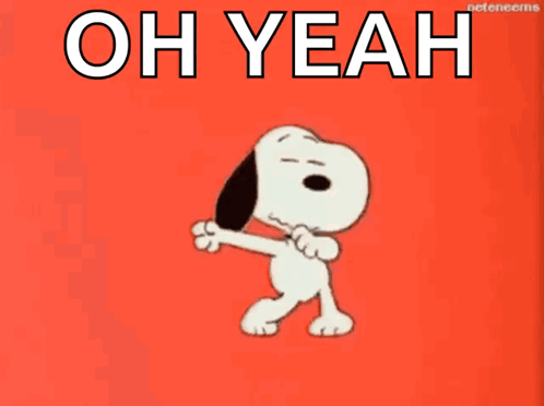 A Cartoon Of Snoopy Dancing With The Words Oh Yeah Written Above Him GIF