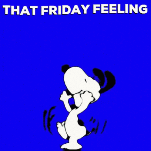 A Cartoon Of Snoopy Dancing With The Words That Friday Feeling GIF