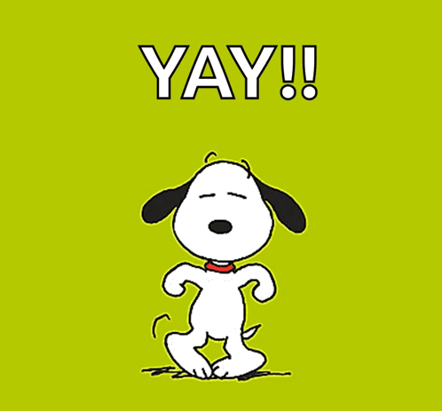 A Cartoon Of Snoopy Dancing With The Words Yay Written Below Him GIF