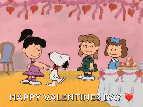 A Cartoon Of Snoopy Dancing With Two Girls And The Words Happy Valentine 'S Day . GIF