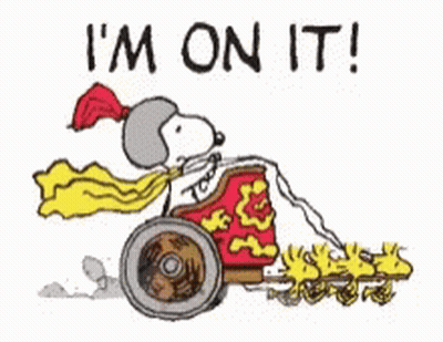 A Cartoon Of Snoopy Driving A Chariot With The Words I 'M On It GIF