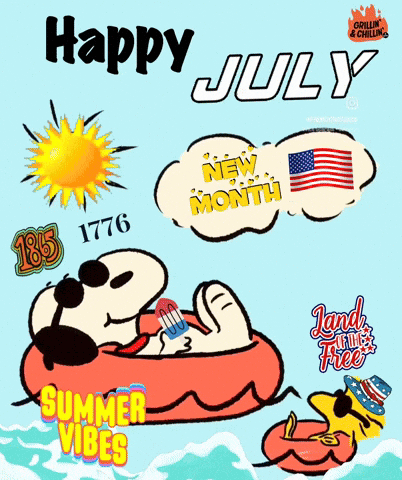 A Cartoon Of Snoopy Floating On A Raft With The Words Happy July GIF
