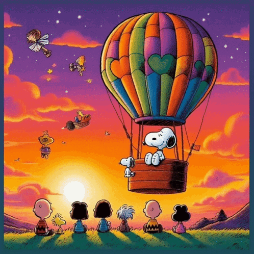A Cartoon Of Snoopy Flying In A Hot Air Balloon GIF