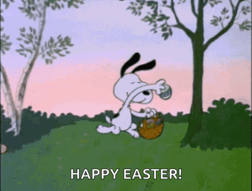 A Cartoon Of Snoopy Holding A Basket Of Easter Eggs With The Words Happy Easter Below Him GIF