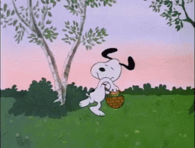 A Cartoon Of Snoopy Holding A Basket Of Mushrooms In A Field . GIF