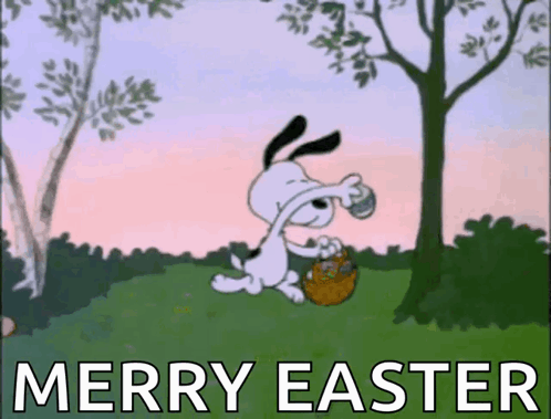 A Cartoon Of Snoopy Holding A Basket With The Words Merry Easter GIF