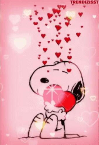 A Cartoon Of Snoopy Holding A Heart With Hearts Falling Out Of It GIF