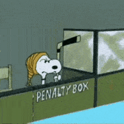 A Cartoon Of Snoopy Holding A Hockey Stick In Front Of The Penalty Box GIF