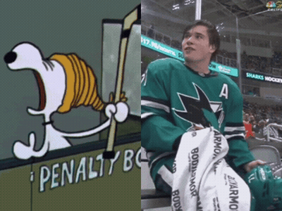 A Cartoon Of Snoopy Holding A Hockey Stick Next To A Hockey Player In A Penalty Box GIF
