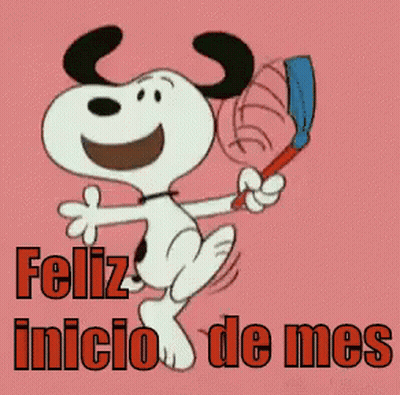 A Cartoon Of Snoopy Holding A Kite With The Words Feliz Inicio De Mes Above Him GIF