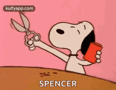 A Cartoon Of Snoopy Holding A Pair Of Scissors And A Red Can . GIF