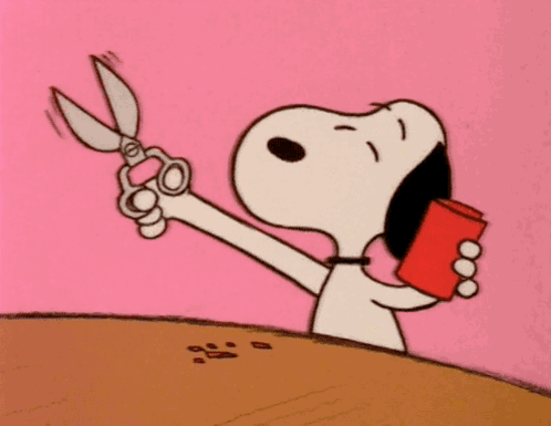 A Cartoon Of Snoopy Holding A Pair Of Scissors And A Red Can GIF