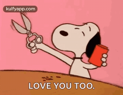A Cartoon Of Snoopy Holding A Pair Of Scissors And A Red Cup . GIF