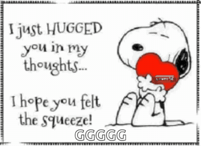 A Cartoon Of Snoopy Holding A Red Heart With The Words I Just Hugged You In My Thoughts GIF