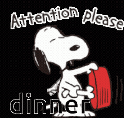 A Cartoon Of Snoopy Holding A Red Plate With The Words Attention Please Dinner Below It GIF