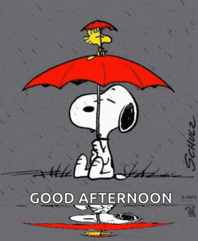A Cartoon Of Snoopy Holding A Red Umbrella With The Words Good Afternoon Below Him GIF