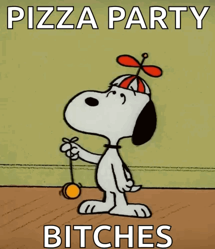 A Cartoon Of Snoopy Holding A Yo-Yo With The Words Pizza Party Bitches Above Him GIF