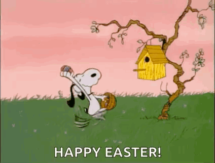 A Cartoon Of Snoopy Holding An Easter Egg And A Birdhouse In A Field . GIF