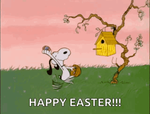 A Cartoon Of Snoopy Holding An Easter Egg In Front Of A Birdhouse GIF