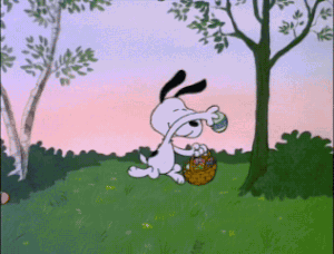 A Cartoon Of Snoopy Holding An Easter Egg In His Mouth GIF