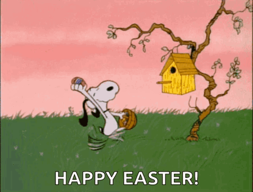 A Cartoon Of Snoopy Holding An Easter Egg With The Words Happy Easter Below Him GIF
