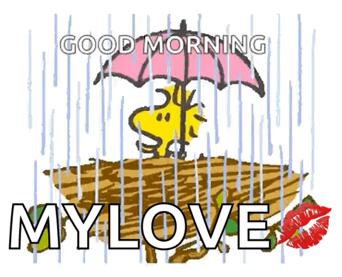 A Cartoon Of Snoopy Holding An Umbrella In The Rain With The Words " Good Morning My Love " GIF