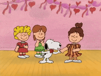 A Cartoon Of Snoopy Holding Hands With Two Girls In Front Of A Pink Wall With Hearts On It GIF