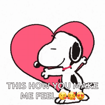 A Cartoon Of Snoopy Hugging A Heart With The Words " This How You Make Me Feel " Below It GIF