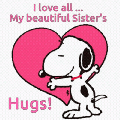 A Cartoon Of Snoopy Hugging A Large Pink Heart With The Words " I Love All My Beautiful Sister 'S Hugs " GIF