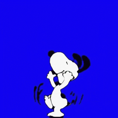 A Cartoon Of Snoopy Is Jumping In The Air On A Blue Background . GIF