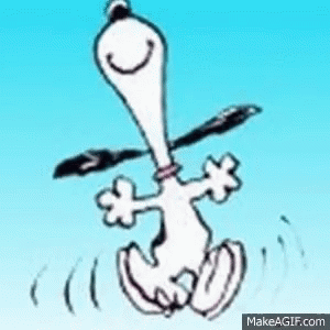 A Cartoon Of Snoopy Jumping In The Air With A Blue Background . GIF