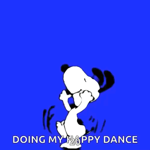 A Cartoon Of Snoopy Jumping In The Air With The Words Doing My Happy Dance Below Him GIF