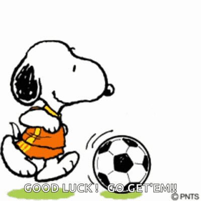 A Cartoon Of Snoopy Kicking A Soccer Ball With The Words Good Luck Go Get Em Written Below Him GIF