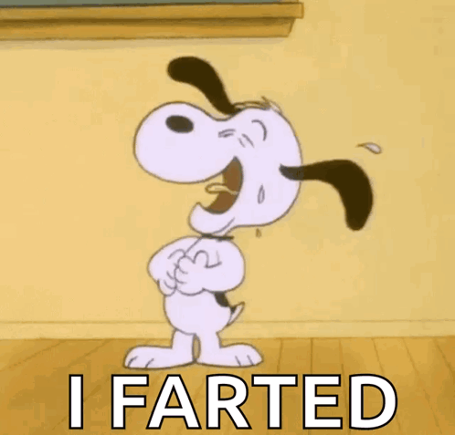 A Cartoon Of Snoopy Laughing With The Words I Farted Underneath Him GIF
